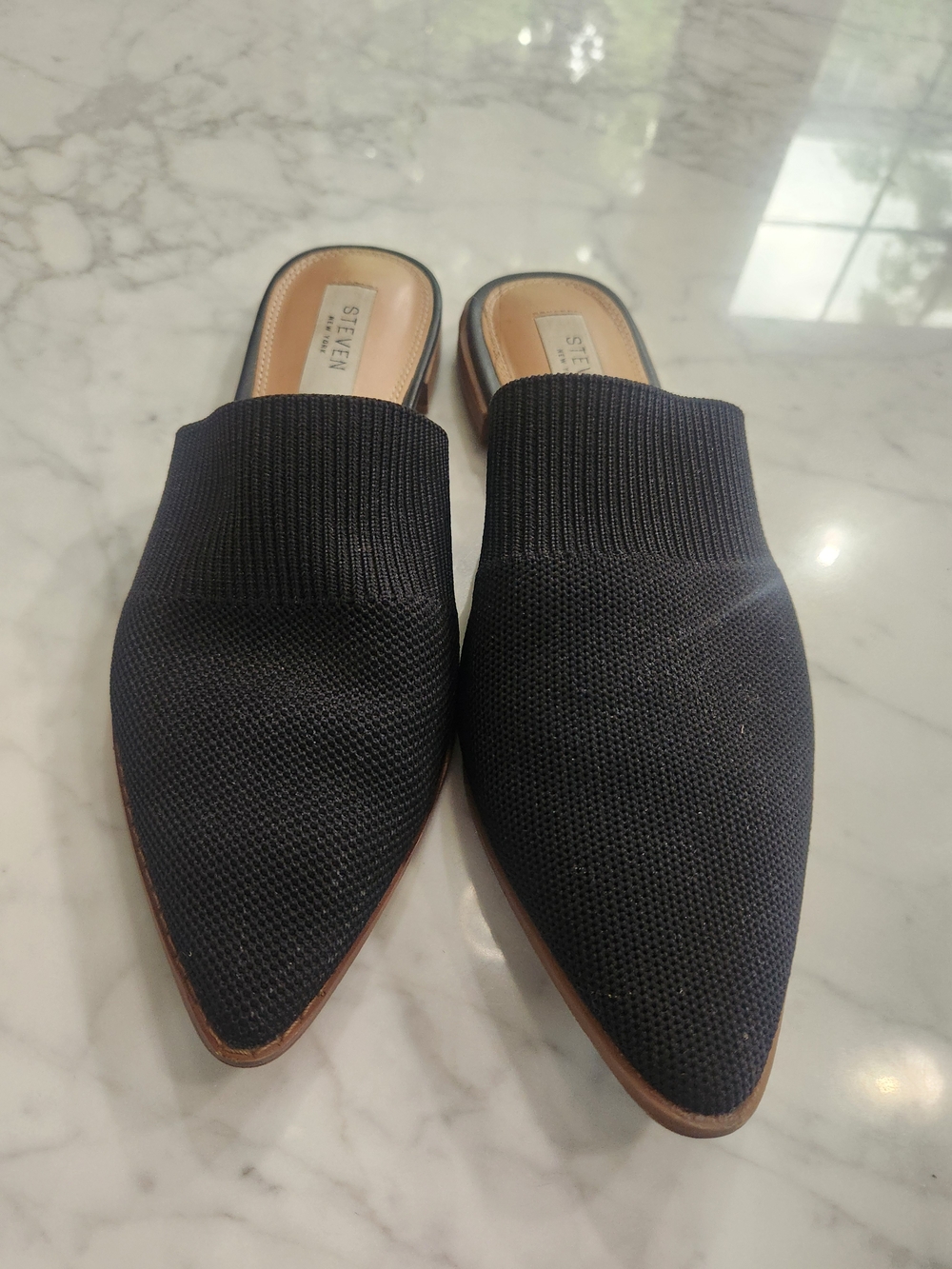 Steve Madden Black Knit Pointed Slip-On Mules, Good Condition, Stretchable.